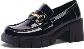 Coutgo Womens Chunky Platform Lug Sole Loafers Mid Heel Square Toe Dress Walking Work Shoes with Buckle Chain