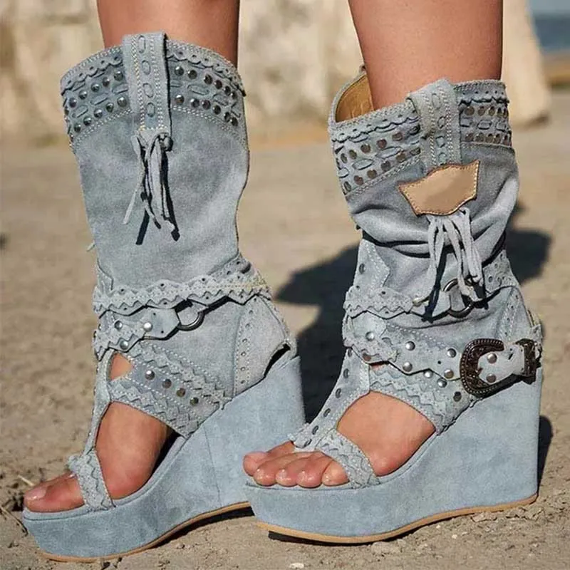 Ladies Retro Non-Slip Faux Suede Cowboy Sandals Tassel Roman Boots Platform Wedges Boots