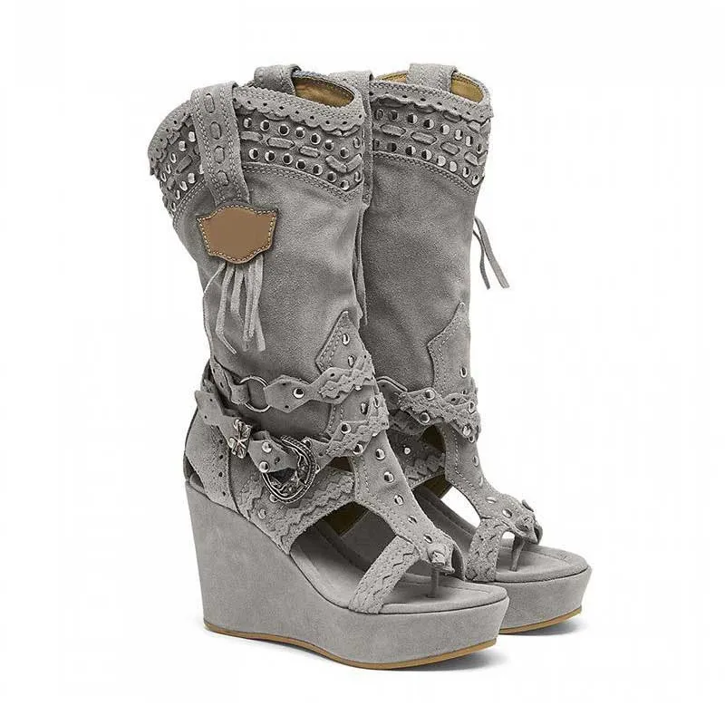 Ladies Retro Non-Slip Faux Suede Cowboy Sandals Tassel Roman Boots Platform Wedges Boots