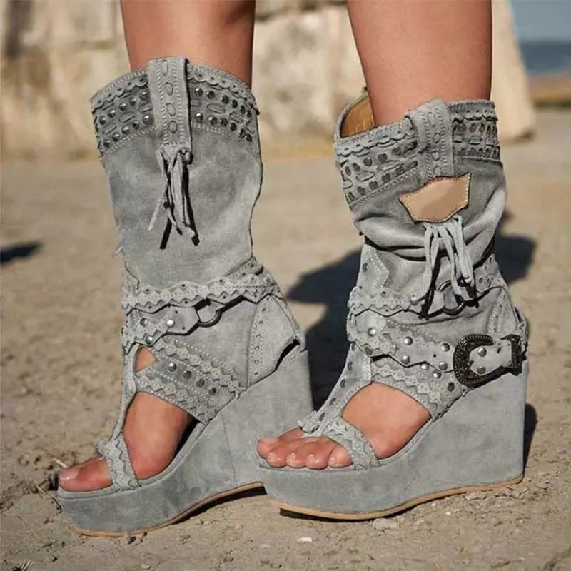Ladies Retro Non-Slip Faux Suede Cowboy Sandals Tassel Roman Boots Platform Wedges Boots