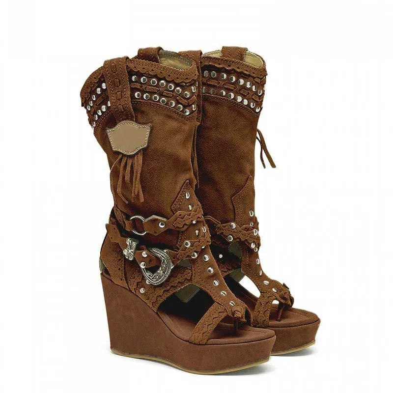 Ladies Retro Non-Slip Faux Suede Cowboy Sandals Tassel Roman Boots Platform Wedges Boots
