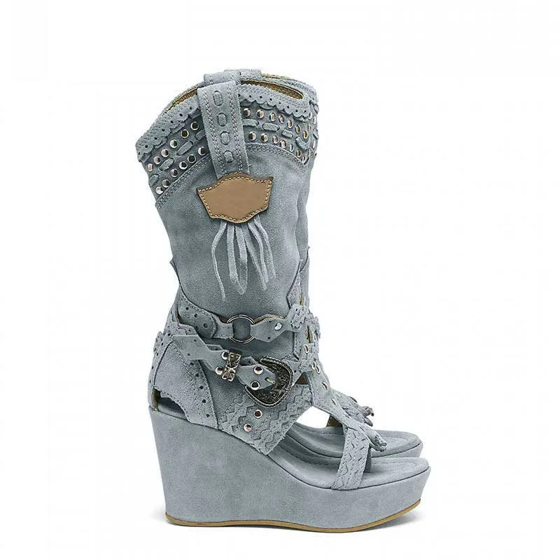 Ladies Retro Non-Slip Faux Suede Cowboy Sandals Tassel Roman Boots Platform Wedges Boots