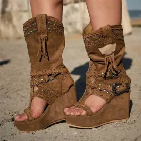 Ladies Retro Non-Slip Faux Suede Cowboy Sandals Tassel Roman Boots Platform Wedges Boots