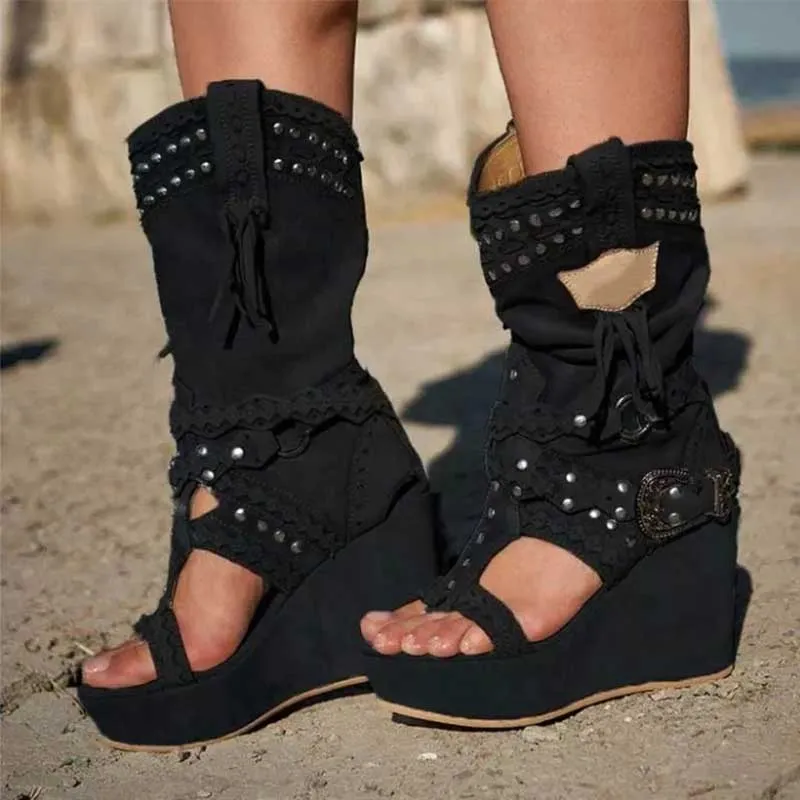 Ladies Retro Non-Slip Faux Suede Cowboy Sandals Tassel Roman Boots Platform Wedges Boots