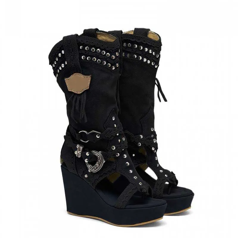 Ladies Retro Non-Slip Faux Suede Cowboy Sandals Tassel Roman Boots Platform Wedges Boots