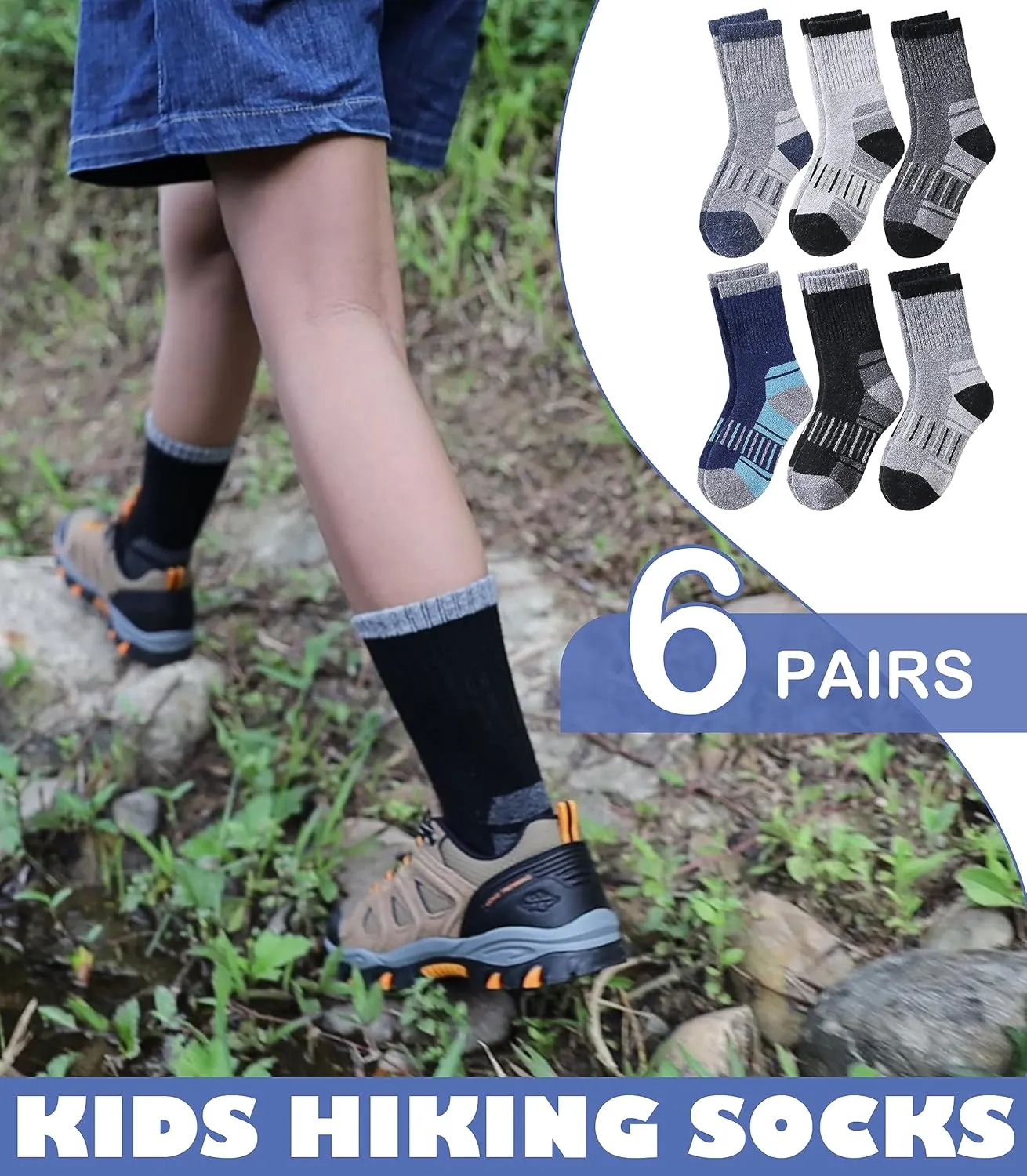 LINEMIN Kids Merino Wool Hiking Socks Toddlers Boys Girls Winter Warm Thick Thermal Boot Cushion Crew Socks 6 Pairs