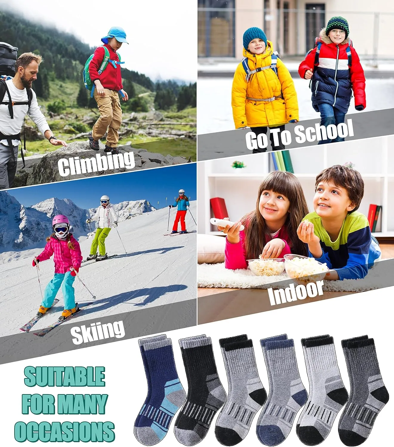 LINEMIN Kids Merino Wool Hiking Socks Toddlers Boys Girls Winter Warm Thick Thermal Boot Cushion Crew Socks 6 Pairs