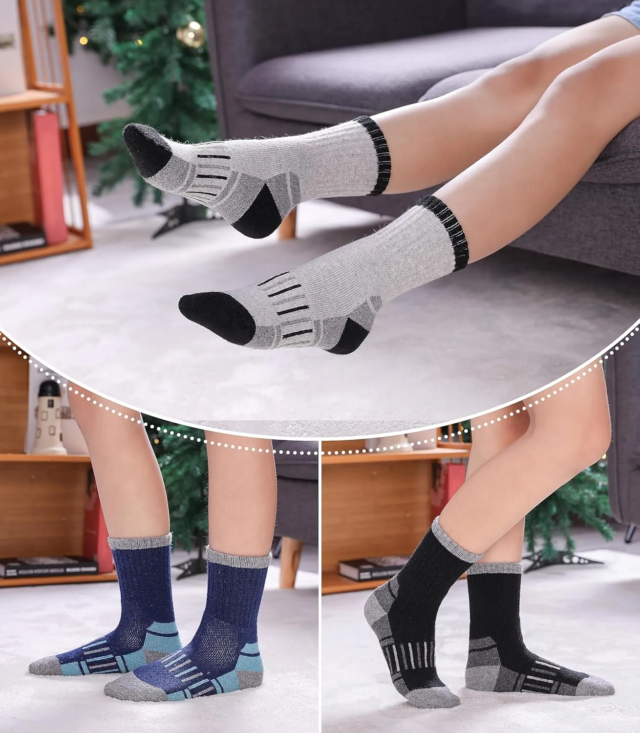 LINEMIN Kids Merino Wool Hiking Socks Toddlers Boys Girls Winter Warm Thick Thermal Boot Cushion Crew Socks 6 Pairs