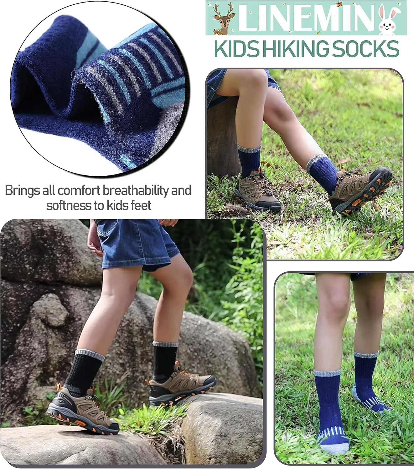 LINEMIN Kids Merino Wool Hiking Socks Toddlers Boys Girls Winter Warm Thick Thermal Boot Cushion Crew Socks 6 Pairs