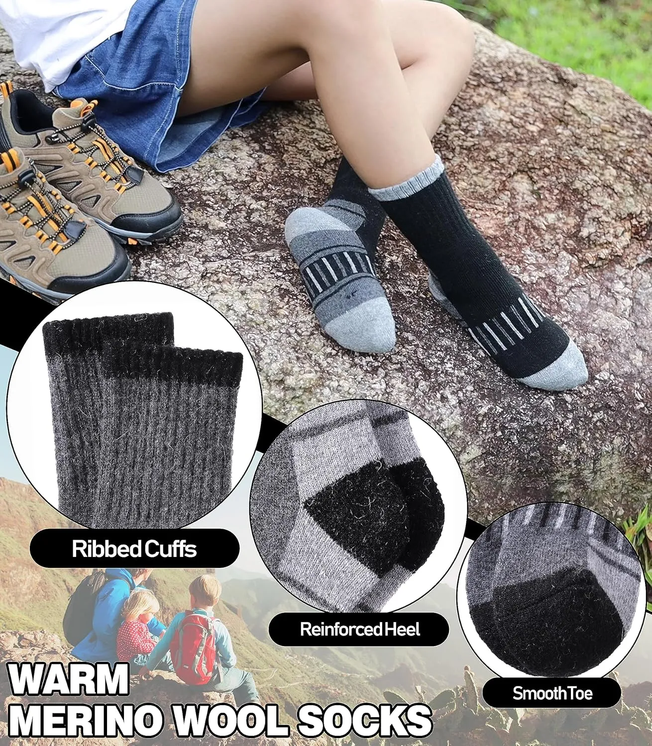 LINEMIN Kids Merino Wool Hiking Socks Toddlers Boys Girls Winter Warm Thick Thermal Boot Cushion Crew Socks 6 Pairs