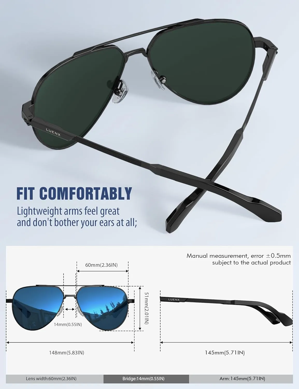 LUENX Aviator Sunglasses for Men Women Polarized Trendy Sun Shades UV 400 Protection