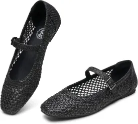 Trary Mary Jane Shoes Women Woven Flats for Women Dressy Ballet Flats Squared Toe Mesh Mary Jane Flats Shoes